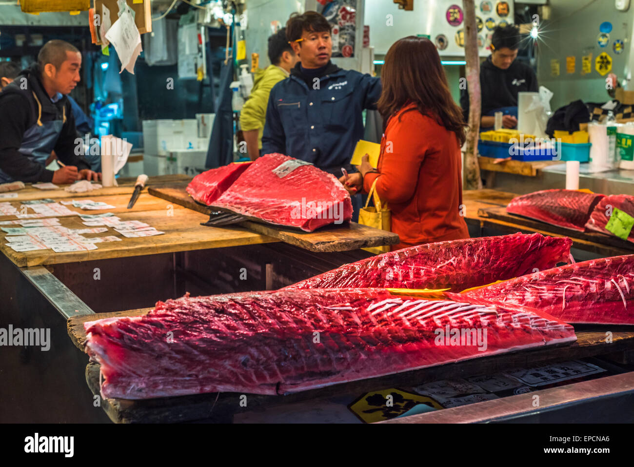 TOKYO, JAPAN December, 01, 2014 Tuna sellers at Tsukiji, the biggest