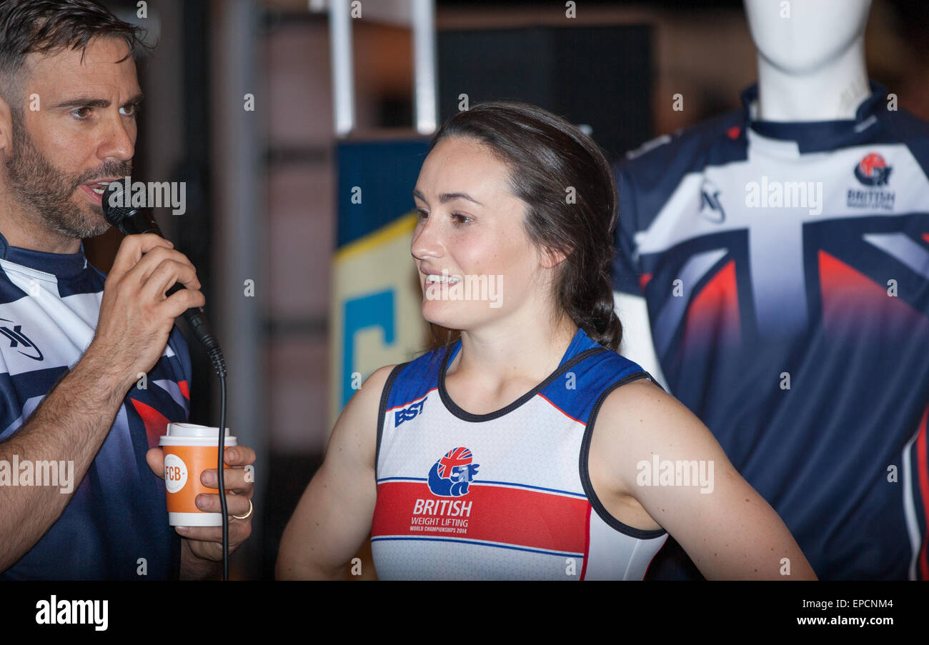 Birmingham, UK. 15th May, 2015. Sarah Davies a Team GB weightlifter being inteviewed about her goals and ambitions at Body Power Expo Credit:  steven roe/Alamy Live News Stock Photo