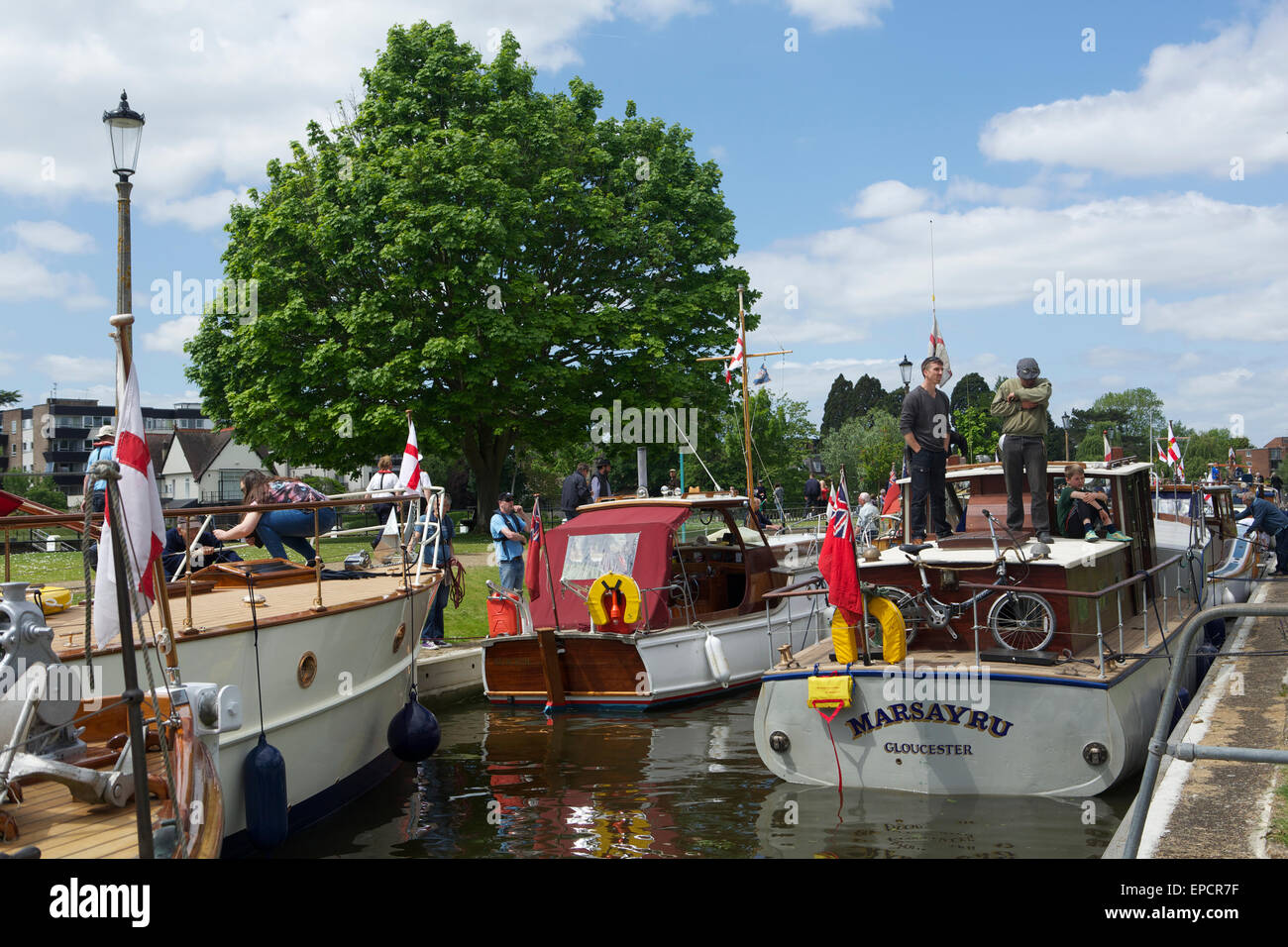 Teddington, Middlesex, United Kingdom. 16 May 2015. 18 ‘Little Ships’ mustered at Teddington Lock before heading downstream escorted by the Teddington RNLI, to commemorate the 75th anniversary of ‘Operation Dynamo’. The ships all participated in the evacuation of troops from Dunkirk in 1940 during World War 2. The Association of Dunkirk Little Ships has organised a Commemorative Return every five years since 1970. Credit:  Emma Durnford/ Alamy Live News Stock Photo