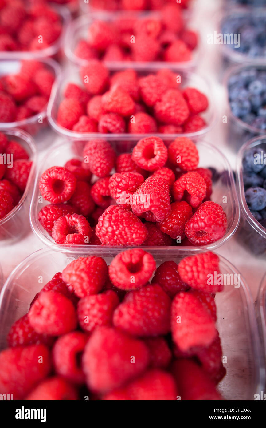 Ripe, fresh and delicious raspberries and blueberries Stock Photo