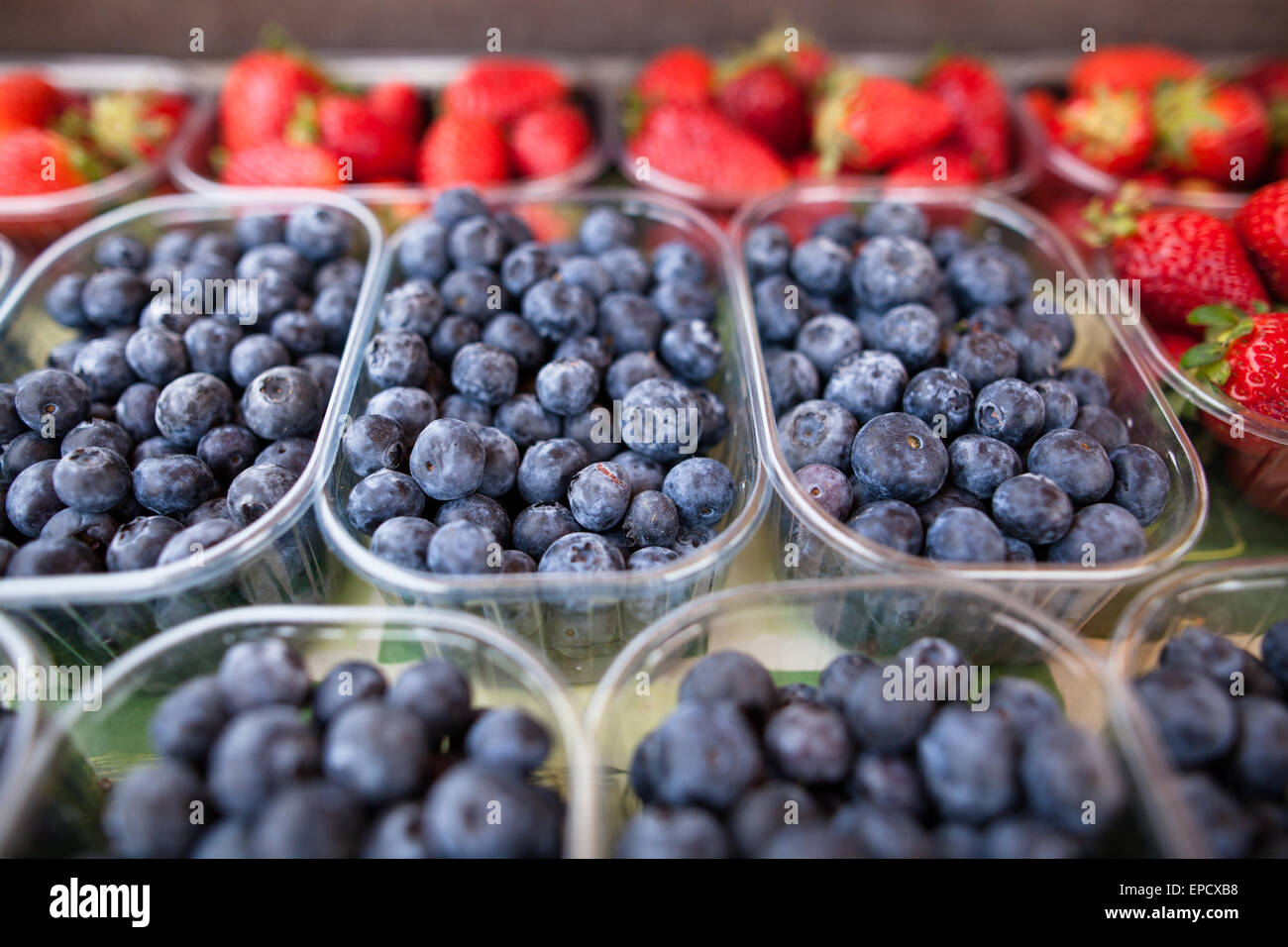 Delicious, ripe and fresh blueberries and strawberries Stock Photo