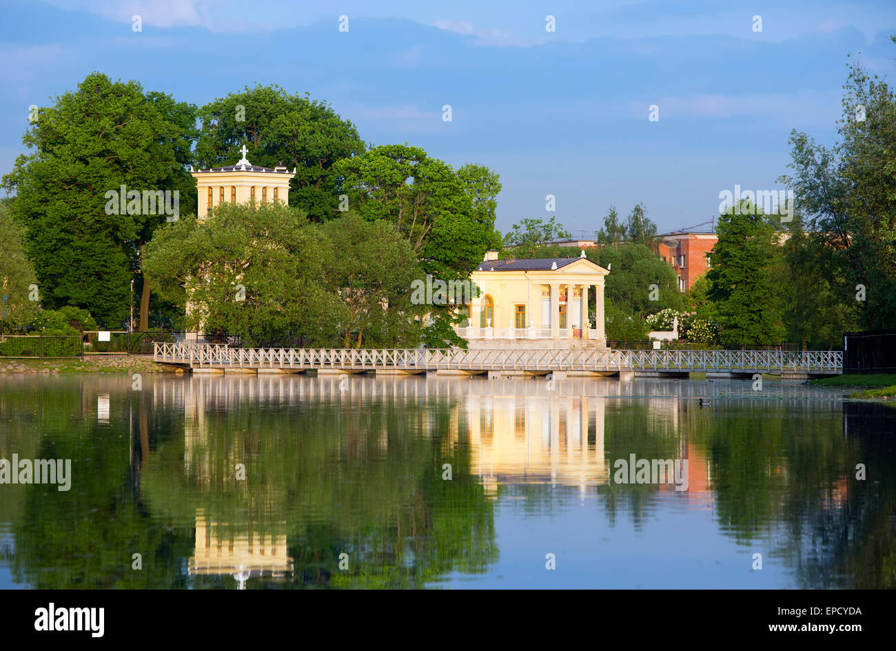 Russia, Peterhof (Petrodvorets). Olga's Pavilion on island in Olga's pond. Stock Photo