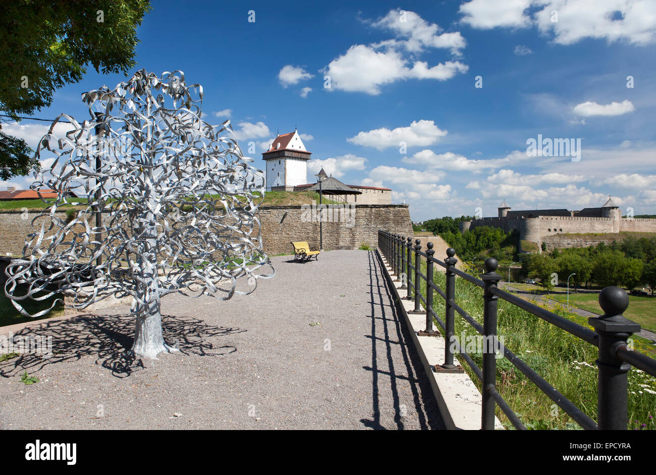 Wedding tree. Narva, Estonia. The wedding day attach leaflets with the names Stock Photo