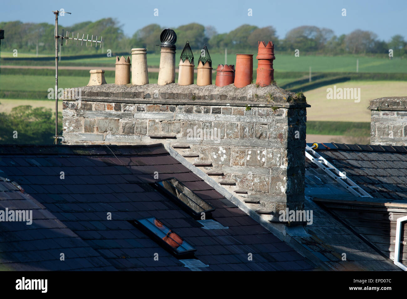 Row of chimney pots on stone house, St Dogmaels Wales Stock Photo