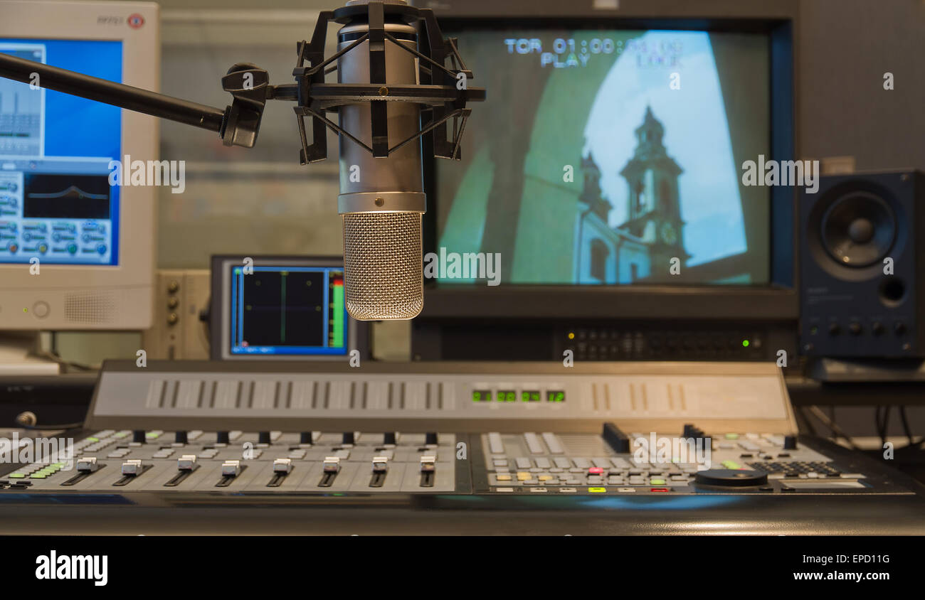 Professional condenser microphone in TV production studio interior Stock Photo