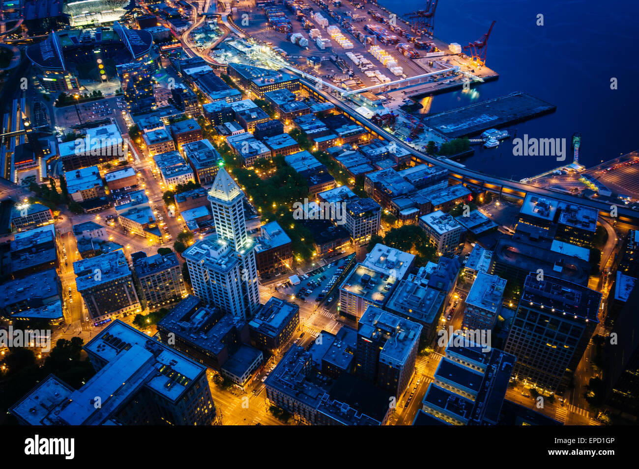 View of the Pioneer Square area at night, in Seattle, Washington. Stock Photo