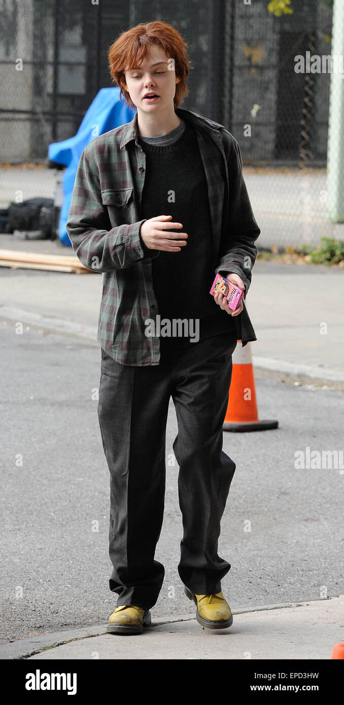 Elle Fanning shooting on location a scene on the set of her upcoming ...