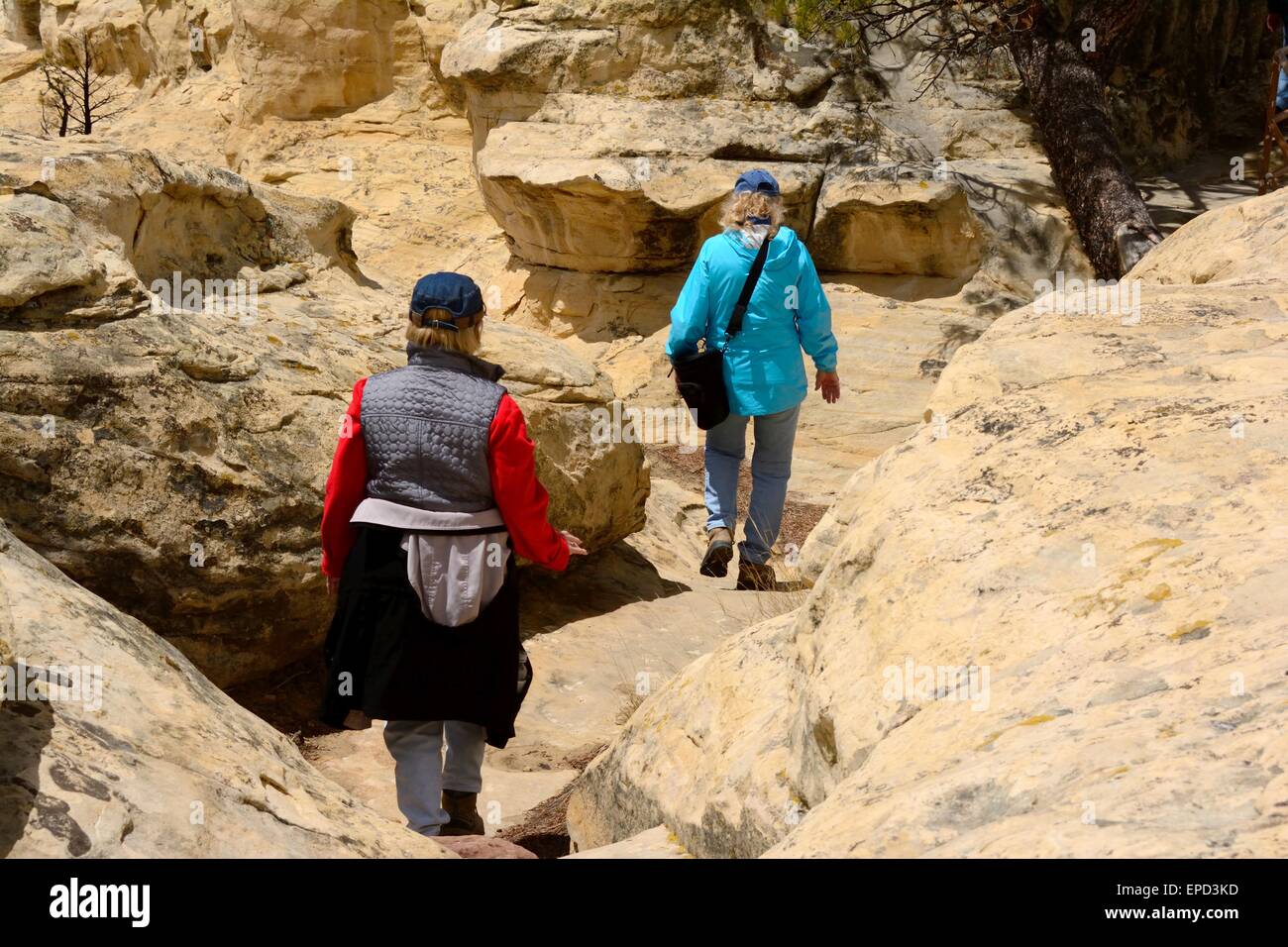 Two Senior Citizens negotiating a trail carved into the sandstone at El Morro National Monument New Mexico - USA Stock Photo