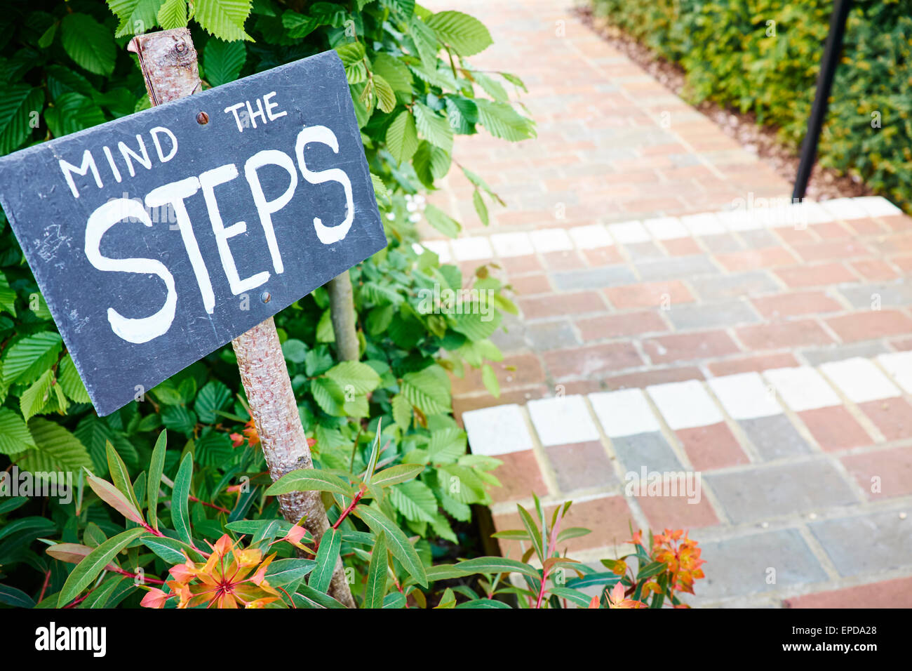 Mind The Steps Sign With Steps In The Background Jordans Mill Holme Mills Langford Road Broom Near Biggleswade Bedfordshire UK Stock Photo