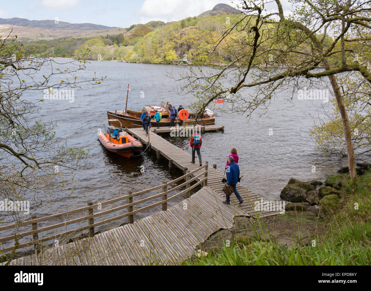 Ferry moored at North Pier - Inchcailloch - an island on Loch Lomond, Scotland, UK. Stock Photo