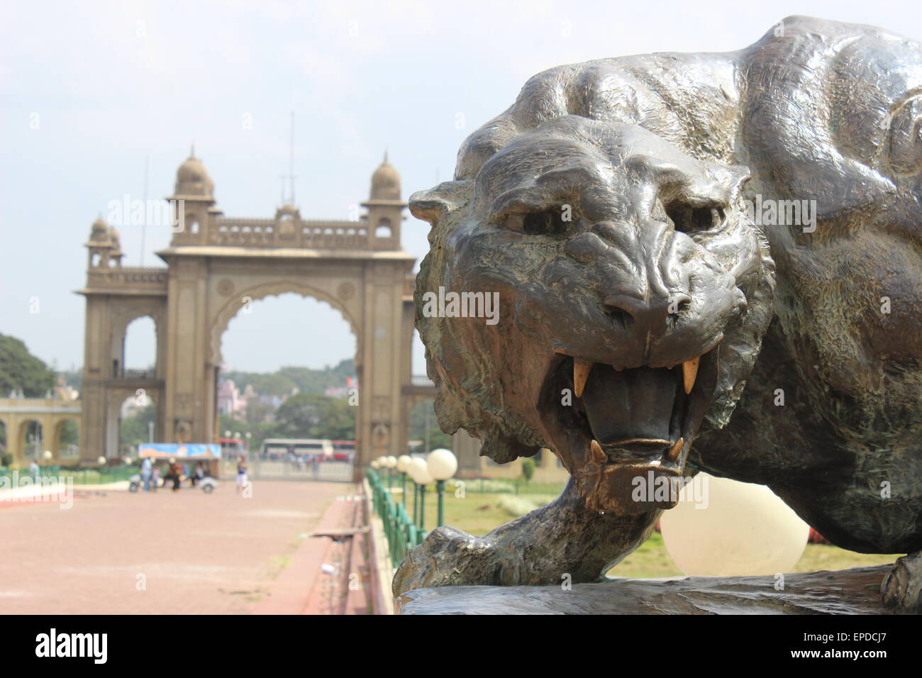 Inside the Maharaja's Palace compound: a scary tiger sculpture Stock Photo