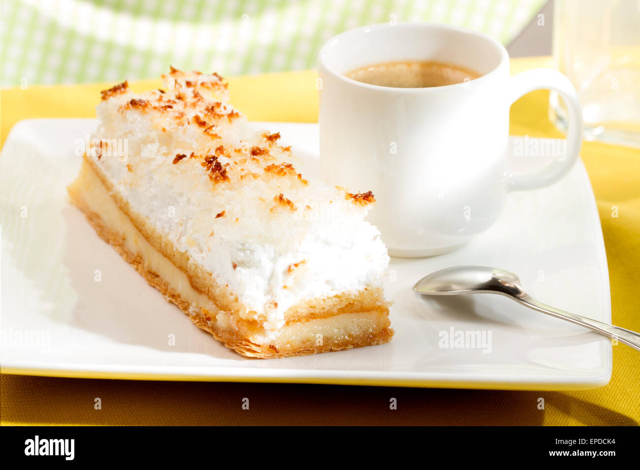 Coconut cream cake with coffee Stock Photo