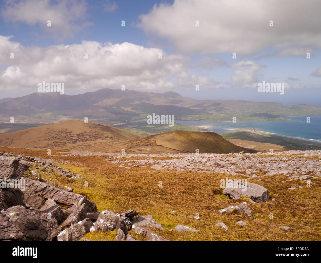 Mount Brandon from Beenoskee and Stradbally Mountain on the Dingle Peninsular, County Kerry in the Republic of Ireland. Stock Photo