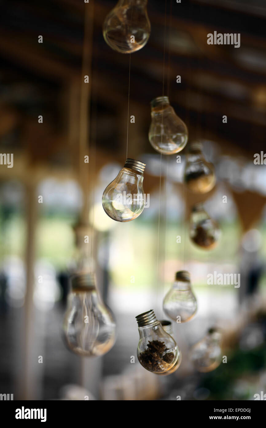 Color picture of some light bulbs, suspended by a wire. Stock Photo