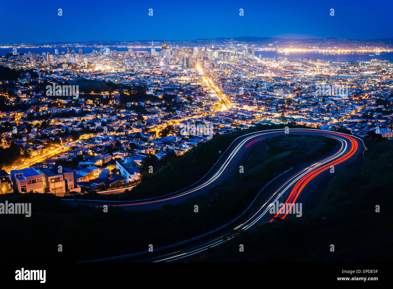 Twin Peaks Boulevard and view of San Francisco at night, from Twin