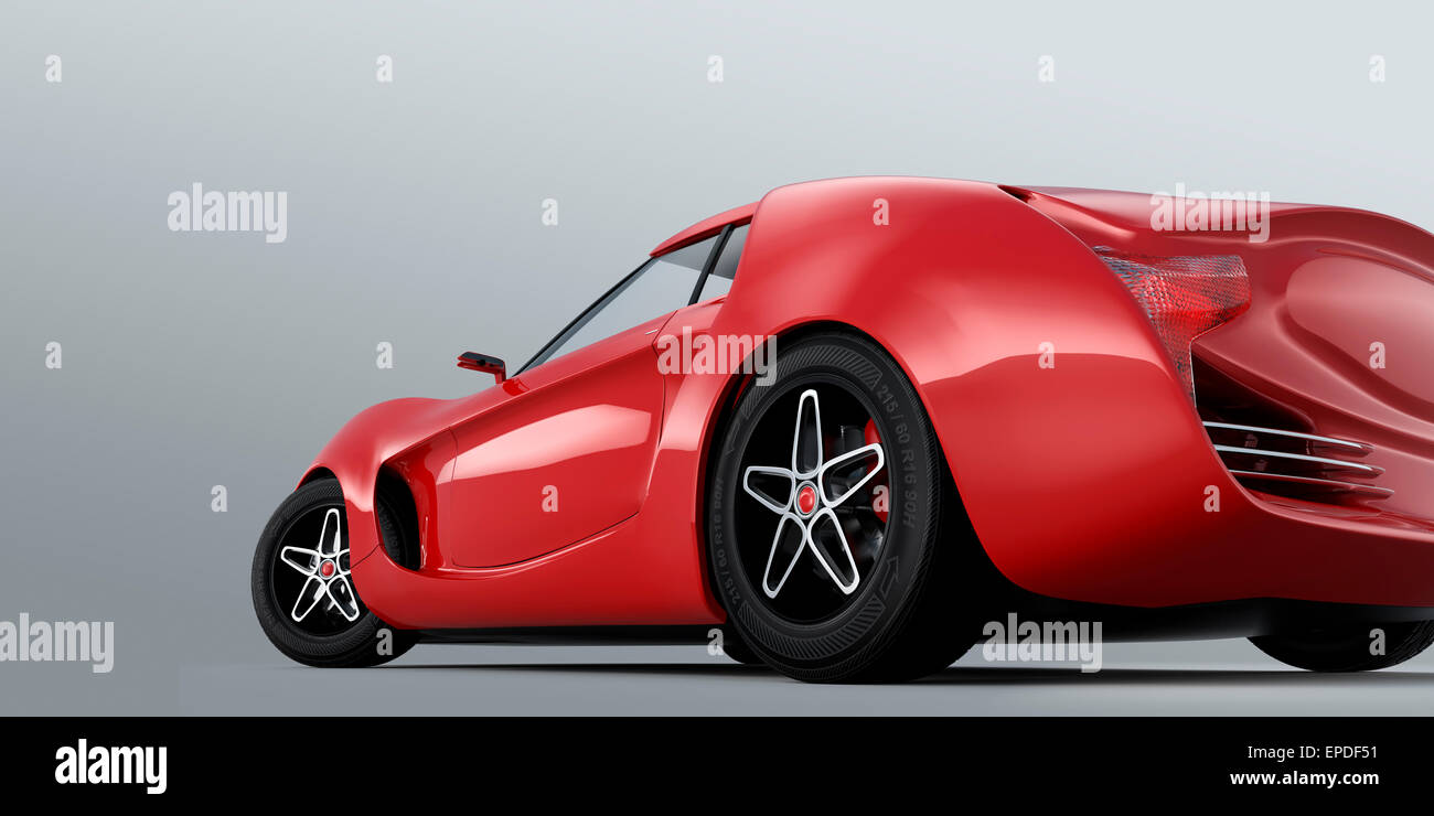 Rear view of red sports car isolated on gray background. 3D rendering image with clipping path. Original design. Stock Photo
