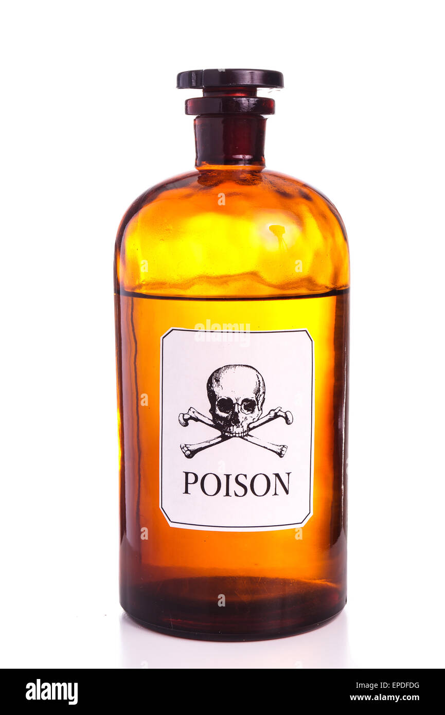 Poison bottle, vintage sign and isolated on white Stock Photo