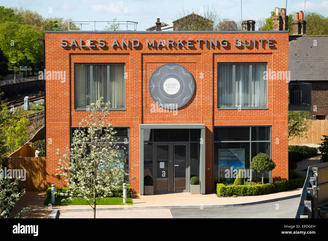 Sales and marketing suite show home. Construction site housing block