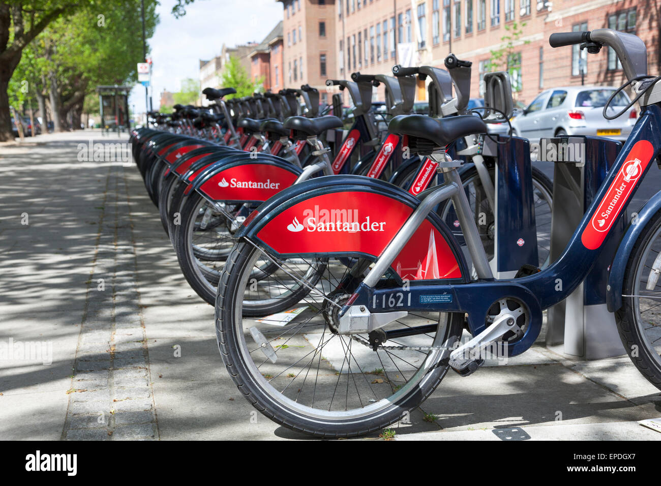 May 2015 - Barclay's logos are replaced by Santander in the London bicycle hire scheme Stock Photo