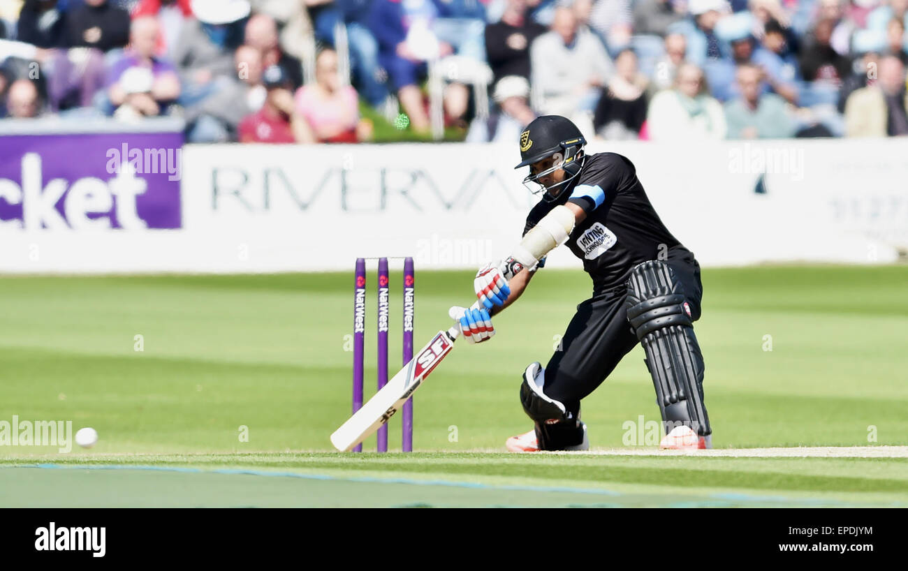 Hove, Brighton, UK. 17th May, 2015. Sussex's Mahela Jayawardena hits the ball to the boundary during the NatWest T20 Blast cricket match between Sussex Sharks and Gloucestershire at Hove County Ground  Credit:  Simon Dack/Alamy Live News Stock Photo