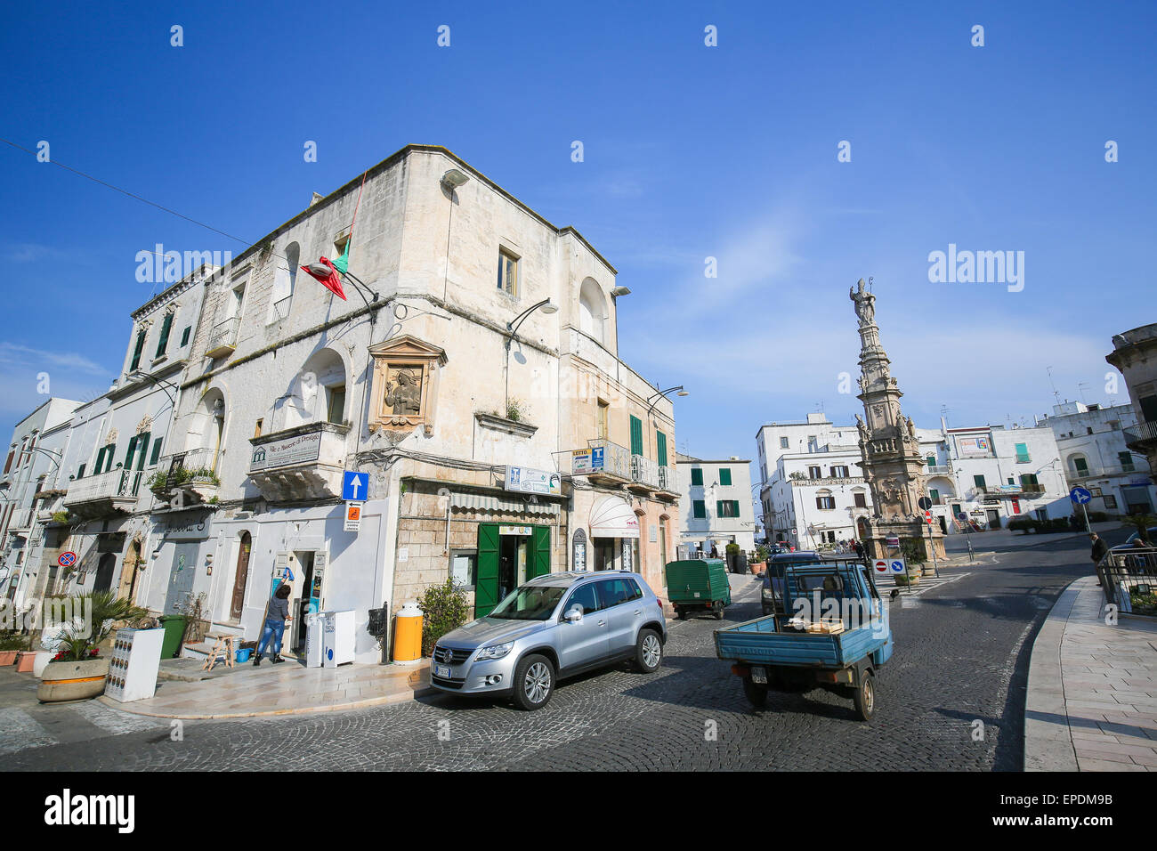 OSTUNI, ITALY - MARCH 14, 2015: Statue of San Oronzo in the center of the medieval town Ostuni, Puglia, Italy. Stock Photo