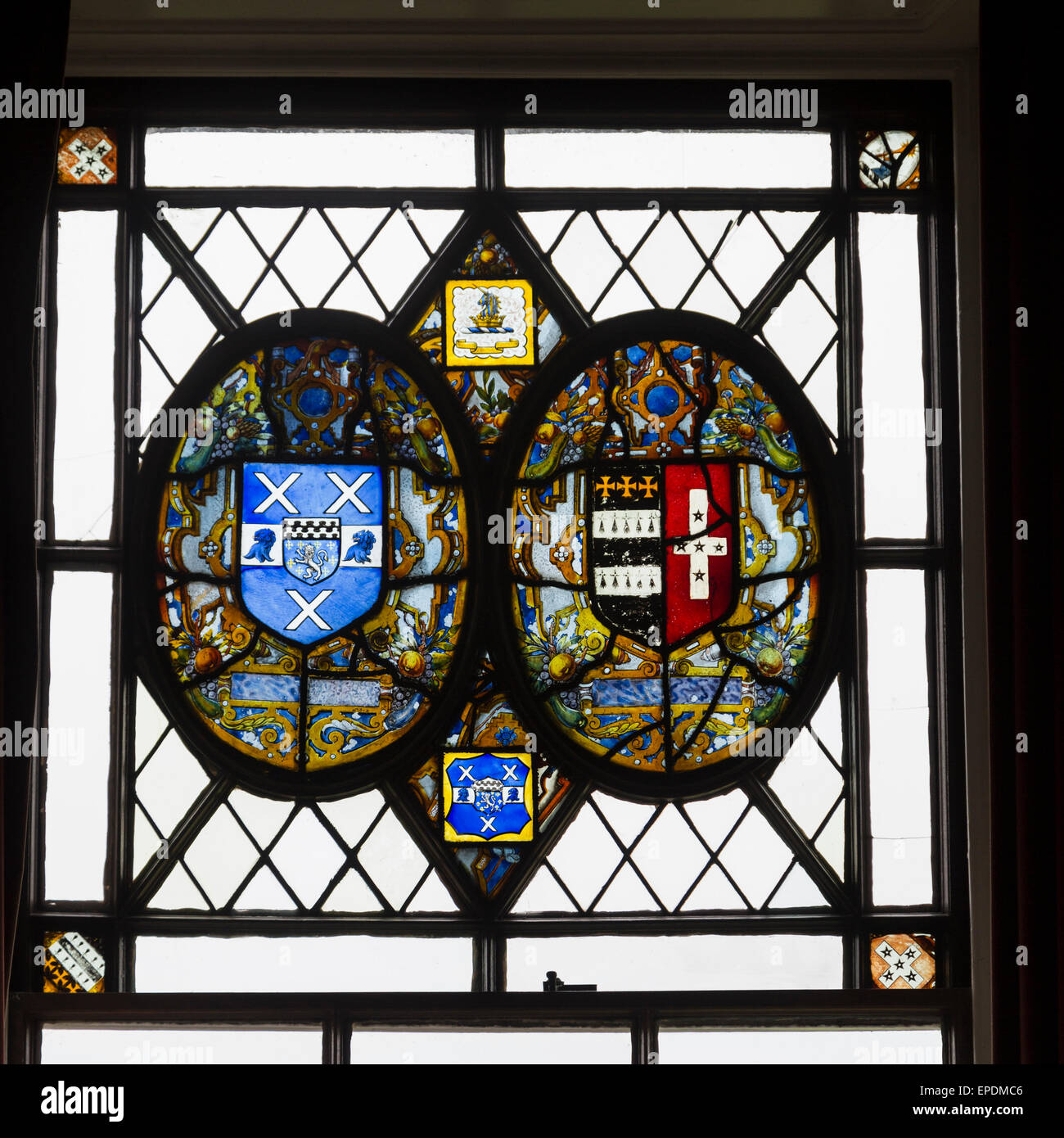 UK, England, Yorkshire.  16th.-Century English Stained Glass Depicting family Heraldry. Stock Photo