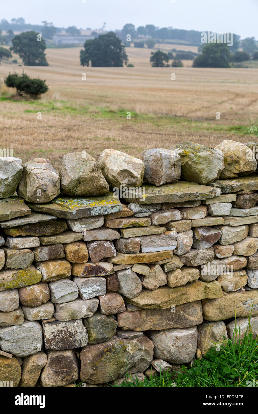 UK, England, Yorkshire.  Stone Wall, Farmland in Background. Stock Photo