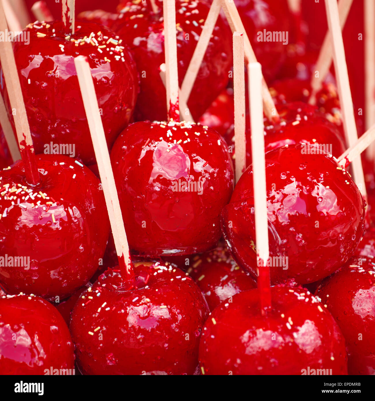 Delicious Glazed Candy Apples On Sticks Tasty Sweets Usually Sold On Street Markets And Fairs 5745