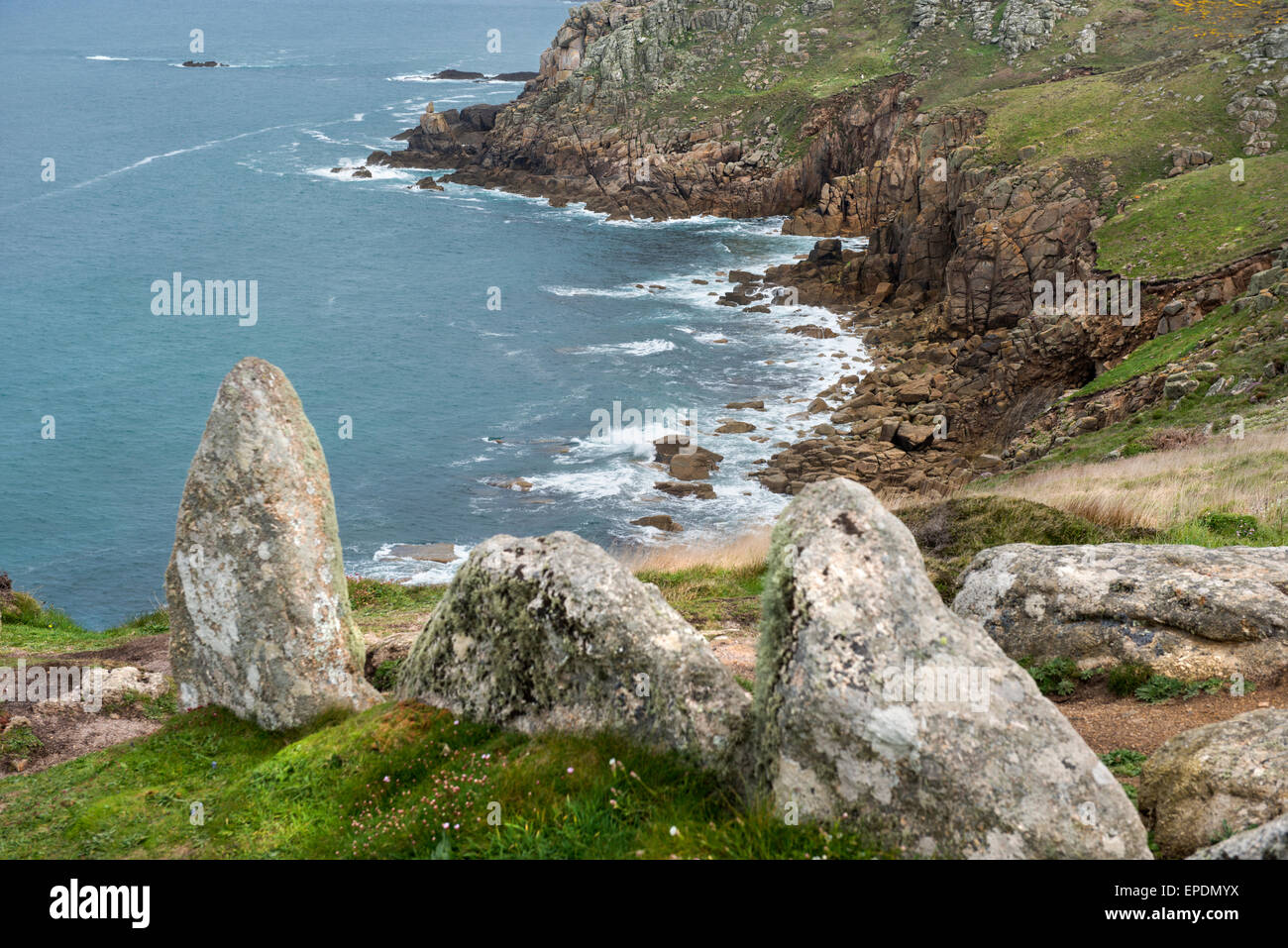 The rugged coastline of west Cornwall on the South West Coast Path near Land's End, England, UK Stock Photo