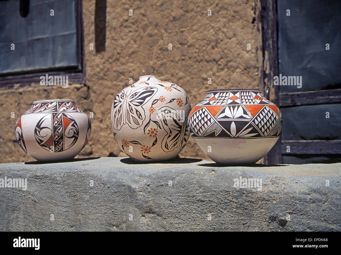 Three beautiful ceramic bowls made by an Acoma Indian potter, at Acoma Indian Pueblo in central New Mexico Stock Photo