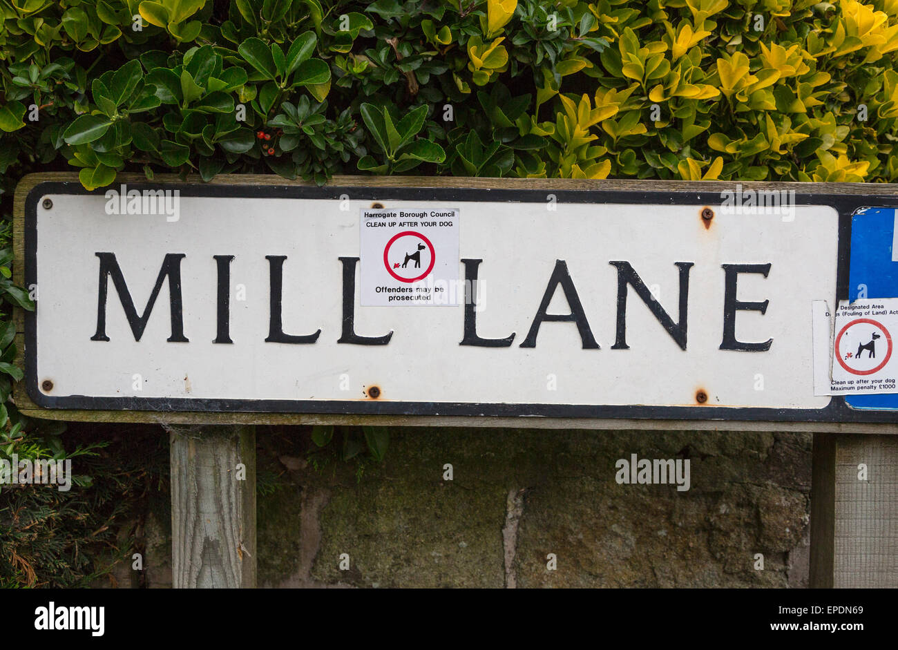 UK, England, Pateley Bridge, Yorkshire.  Street Sign with Notice to Clean up after One's Dog. Stock Photo