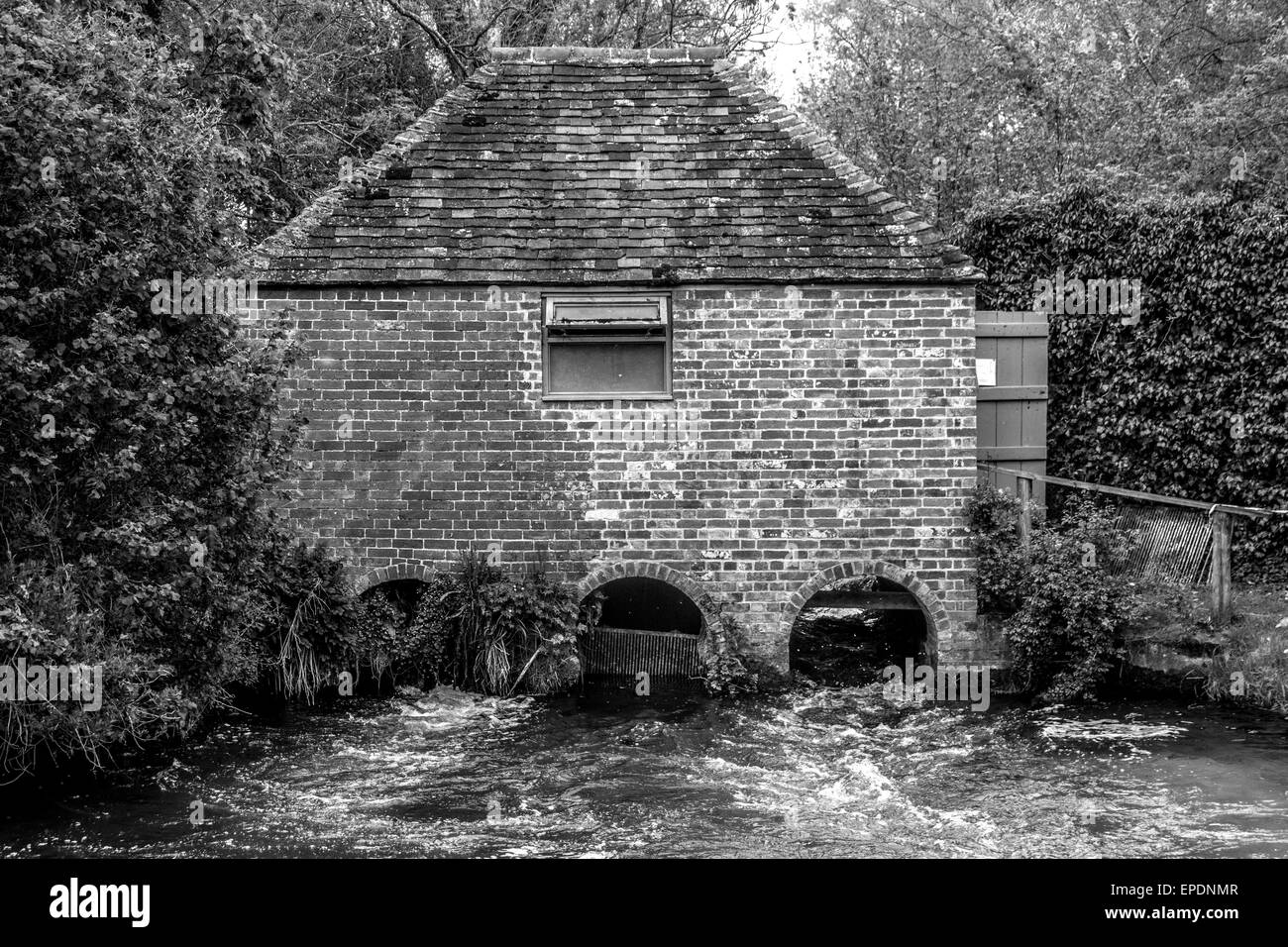 Eel House on the river Alre,  Built in the 1820s and recently restored, the eel house traps eels as the migrate to breed. Stock Photo