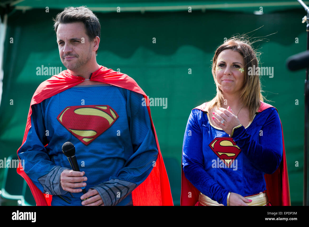 DJs Mike Toolan and Chelsea Norris at St Bede's School , Manchester on charity Superhero day. Stock Photo