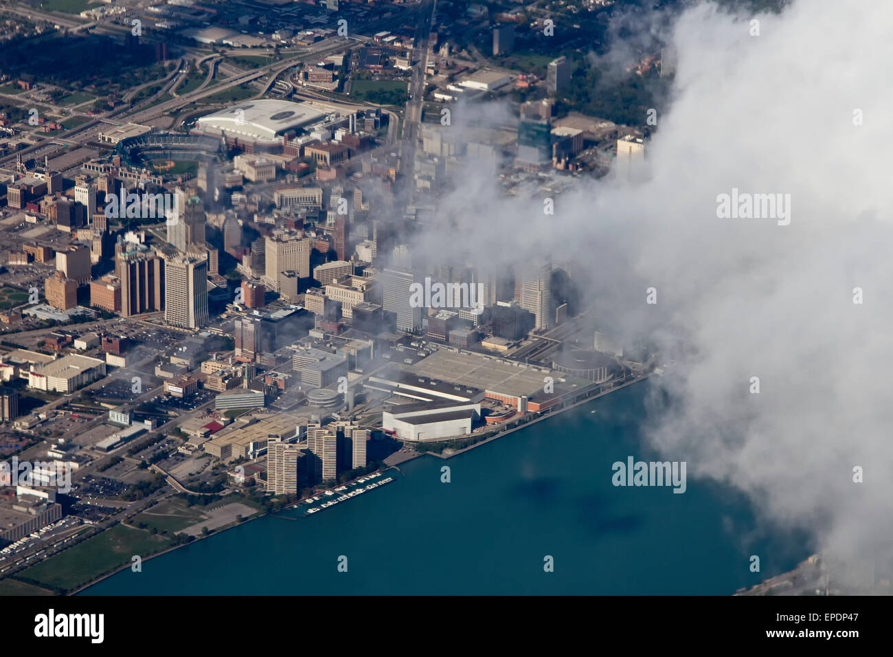 Aerial view Detroit, Michigan with the Detroit River. Stock Photo