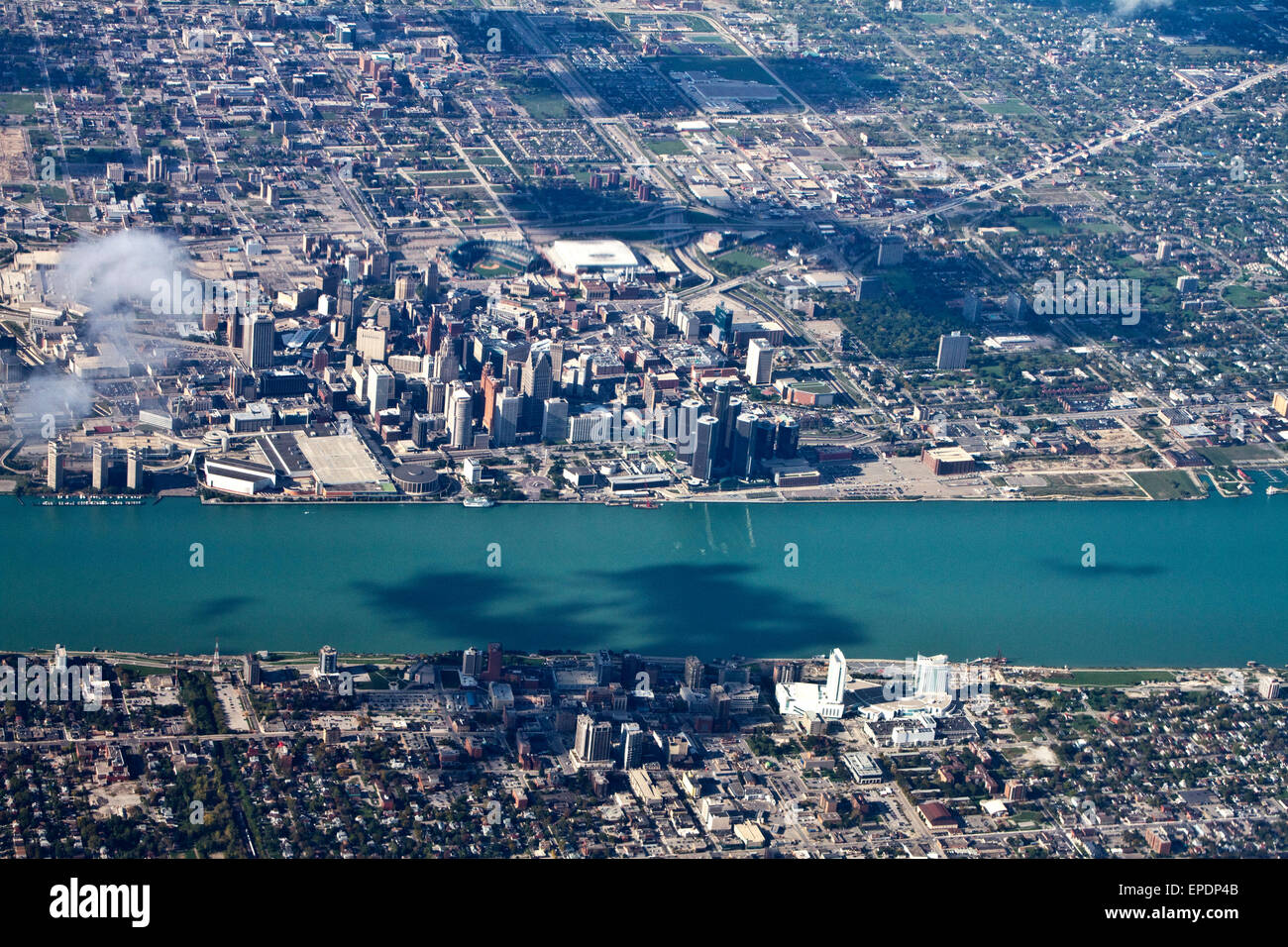 Aerial view Detroit, Michigan with the Detroit River. Stock Photo