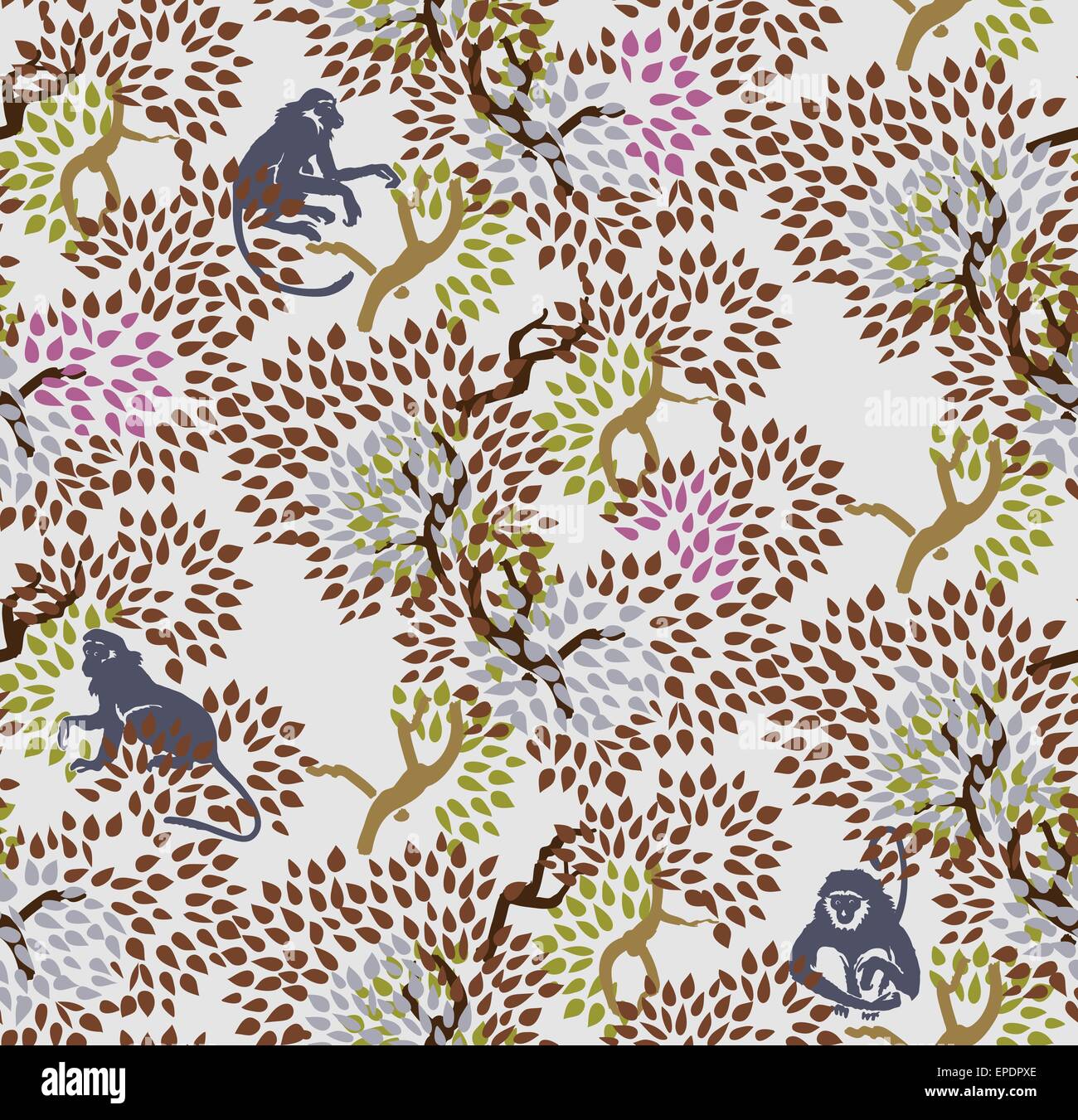 Abstract floral seamless pattern. Trees and monkeys. Exotic forest motif background Stock Vector