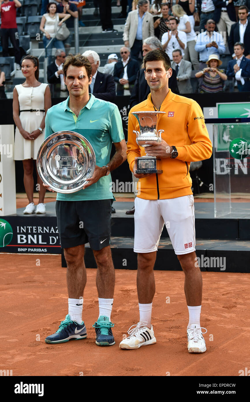 Rome, Italy. 17th May, 2015. BNL Italian Open Tennis. ATP Finals Roger  Federer vs Novak Djokovic . Novak Djokovic (SRB) wins the final by beating  Roger Federer (SUI) in 2 sets Credit: