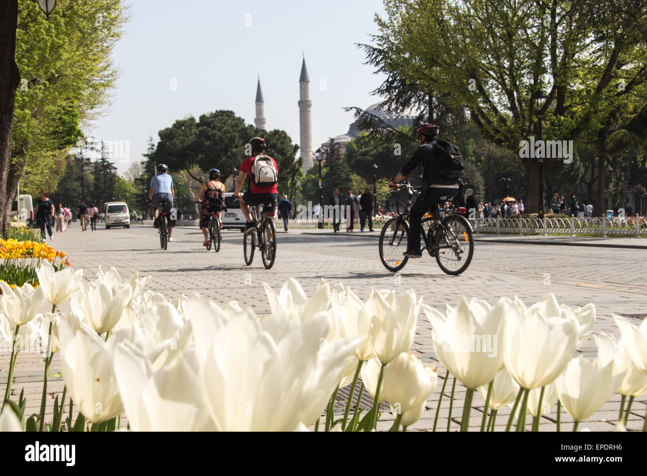 Cycling in the Hippodrome in the Sultanahmet district of Istanbul during the tulip festival Stock Photo