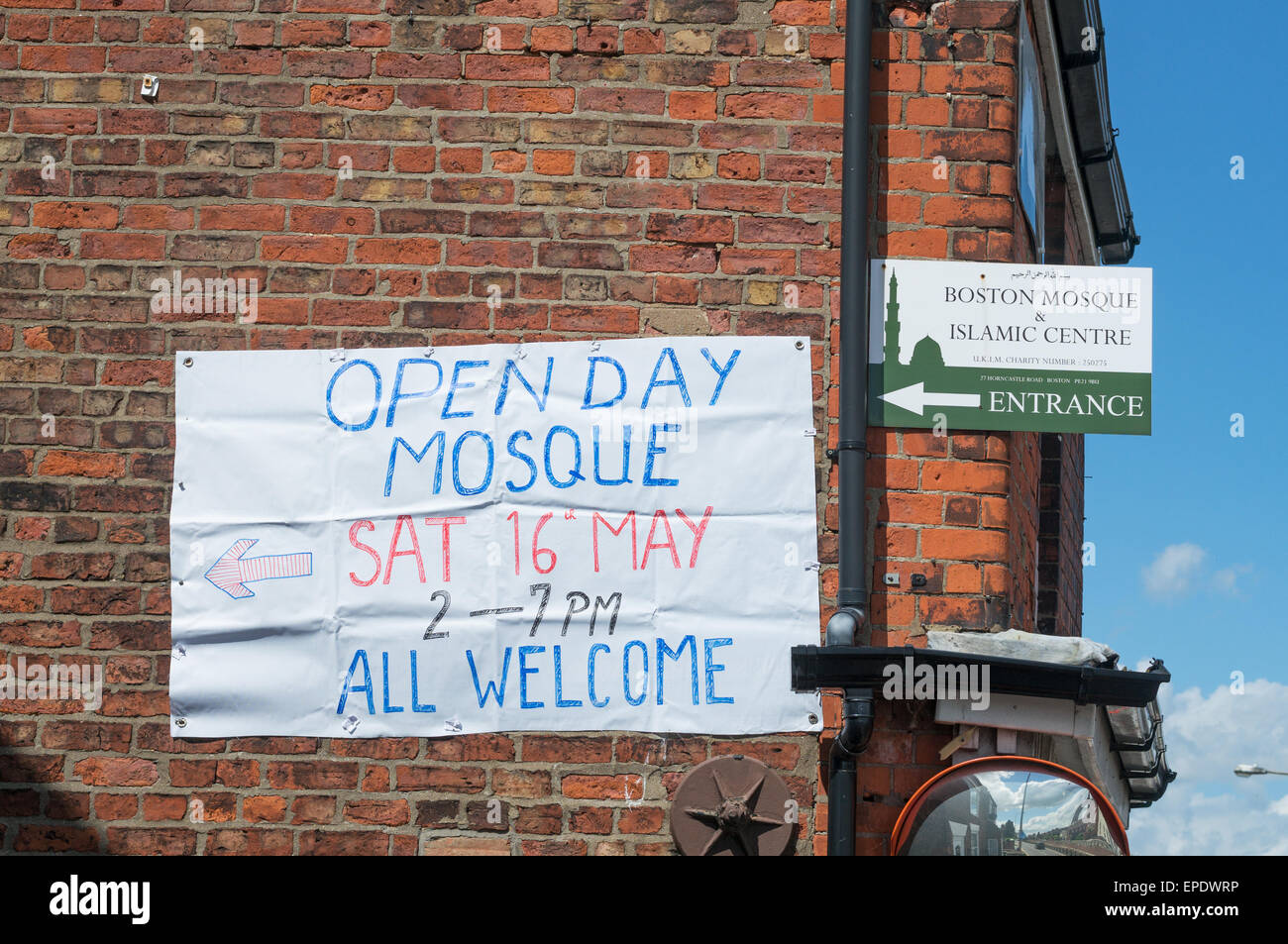 Sign Open day at Boston Mosque, all welcome, Lincolnshire, England, UK Stock Photo