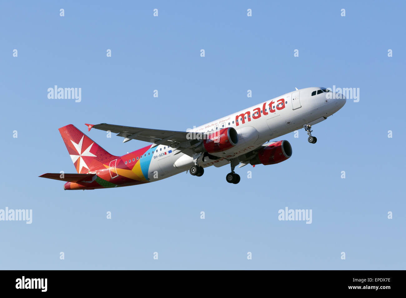 Air Malta Airbus A320-214 (9H-AEN) takes off from runway 13. Stock Photo