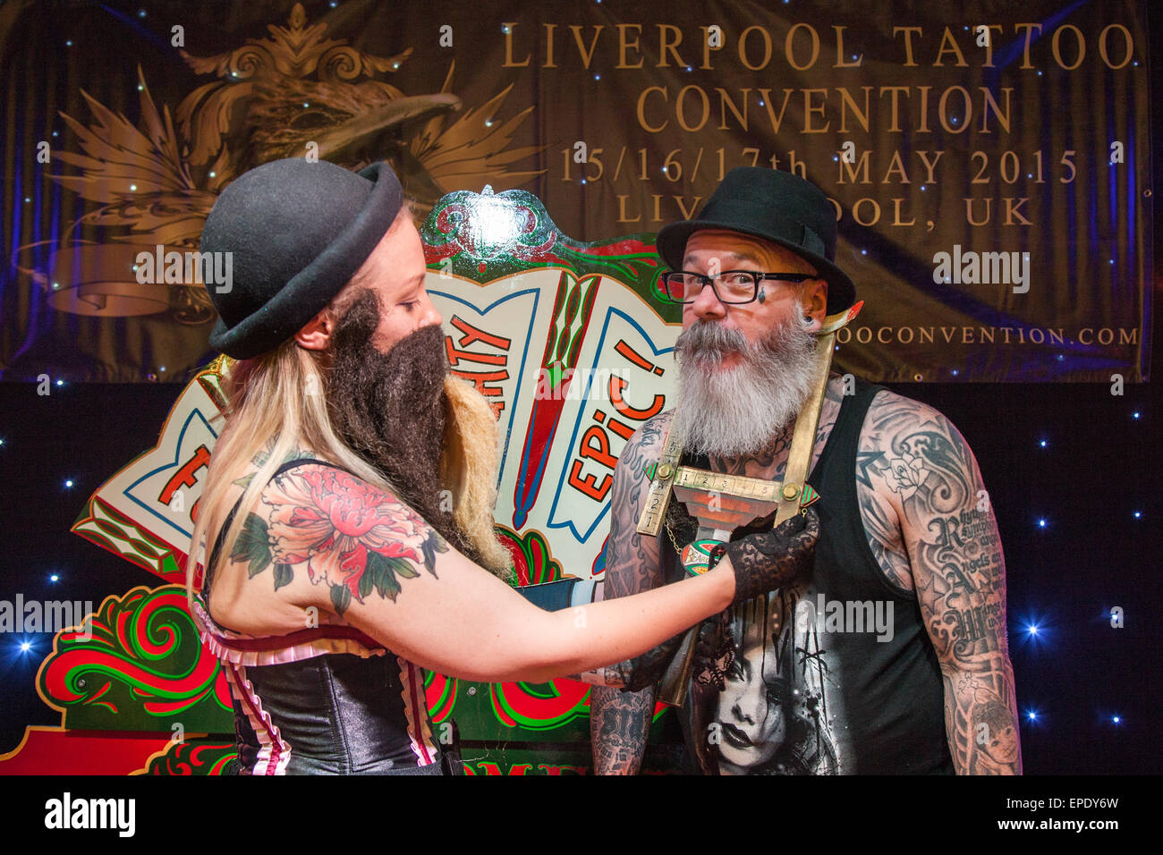 Female body tattoos in Liverpool, Merseyside, UK. 17th May, 2015. 'Mr