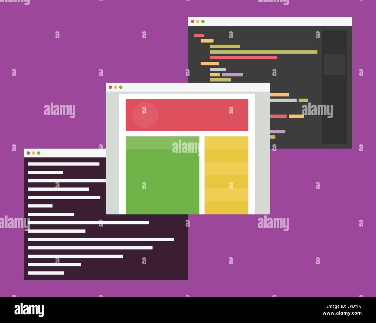 flat design illustration of computer windows with web development code editor, browser and terminal Stock Vector