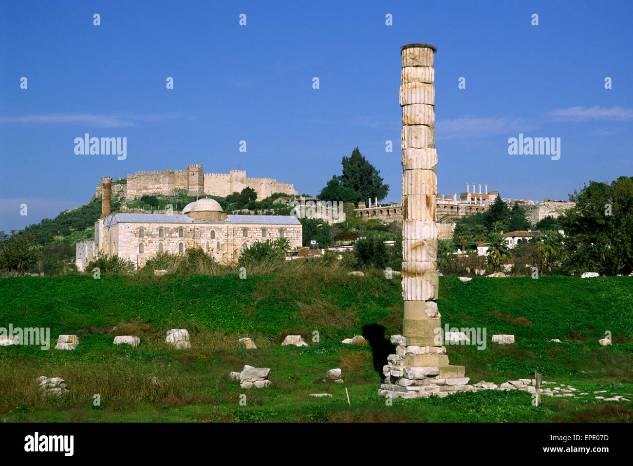 Turkey, Selçuk, Artemision (temple of Artemis) and Citadel Stock Photo