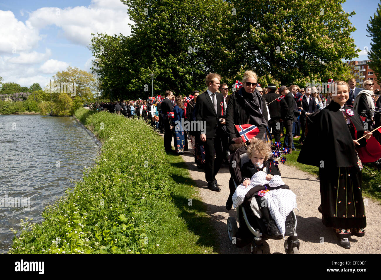 Copenhagen, Denmark. 17th May, 2015. Norwegians in Copenhagen participating in celebration of Norway’s Independence Day is under way to the venue next to the Norwegian church. Some 8000 joined the celebration.  Norway got it’s independence from Denmark in 1814 Credit:  OJPHOTOS/Alamy Live News Stock Photo