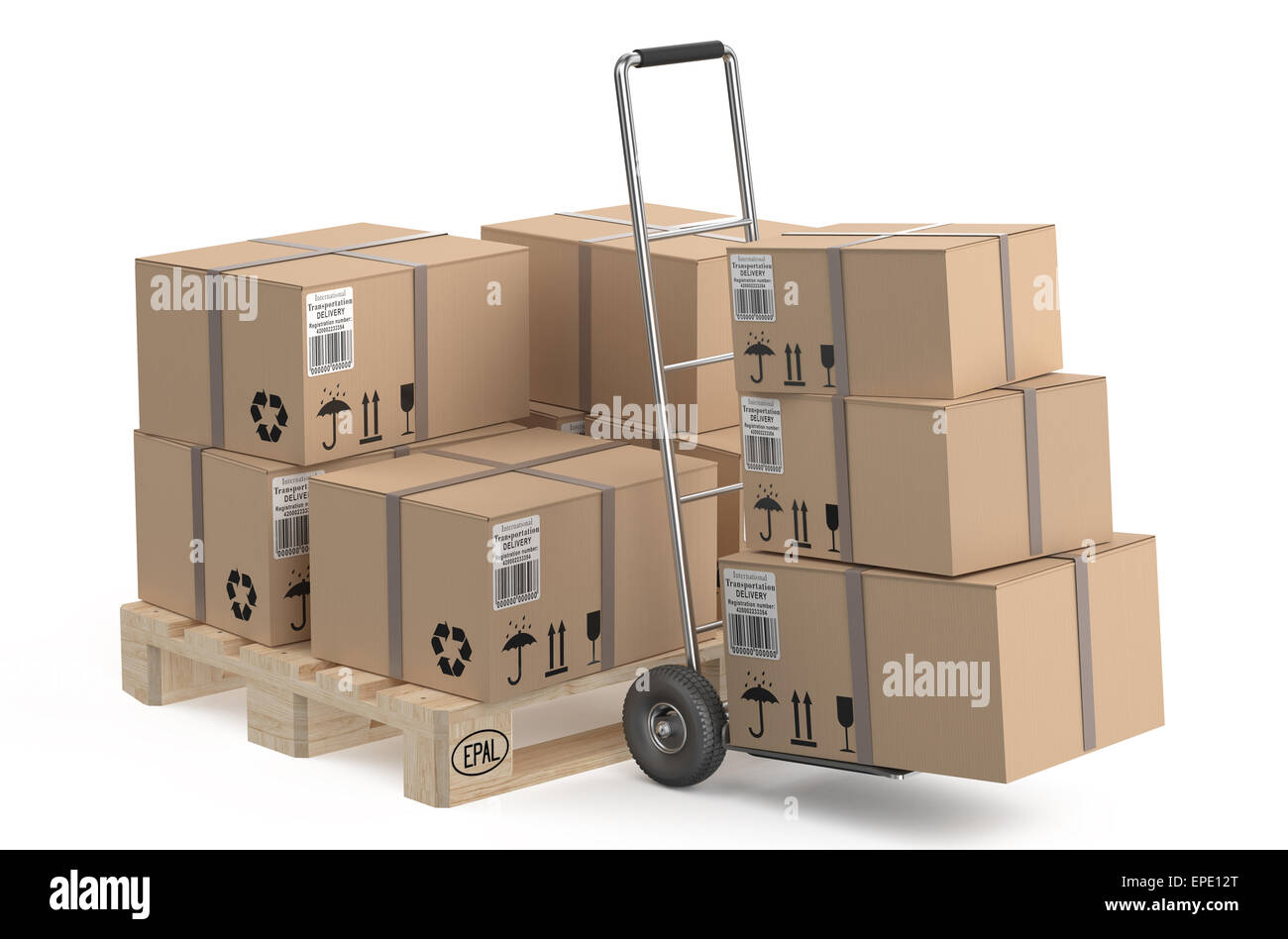 Cardboard boxes on pallet and hand truck Stock Photo