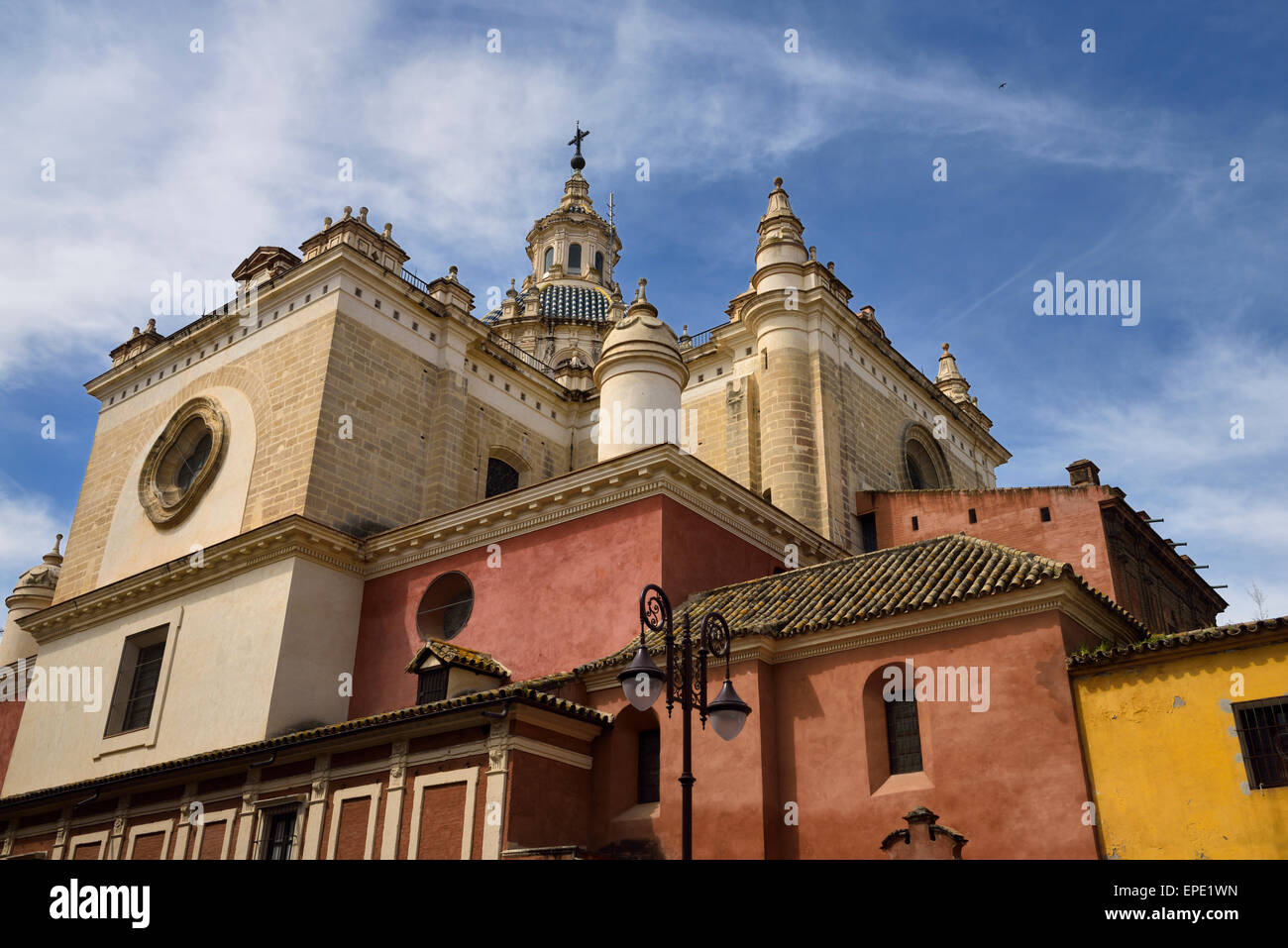 Earth colored boxes at back of the Church of the Saviour at Plaza de Jesus de la Pasion Seville Spain Stock Photo