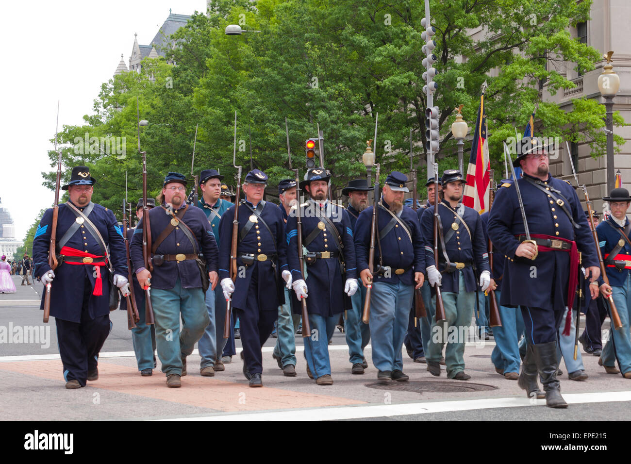 Washington, DC, USA. 17th May, 2015.  Thousands of Civil War reenactors march on Pennsylvania Avenue to celebrate the 150th anniversary of the Grand Review Victory Parade, which marked the end of the American Civil War in 1865. Credit:  B Christopher/Alamy Live News Stock Photo