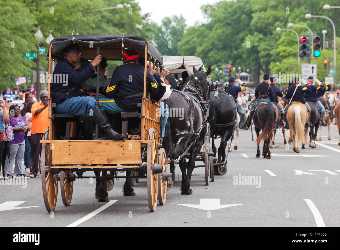 Washington, DC, USA. 17th May, 2015.  Thousands of Civil War reenactors march on Pennsylvania Avenue to celebrate the 150th anniversary of the Grand Review Victory Parade, which marked the end of the American Civil War in 1865. Credit:  B Christopher/Alamy Live News Stock Photo