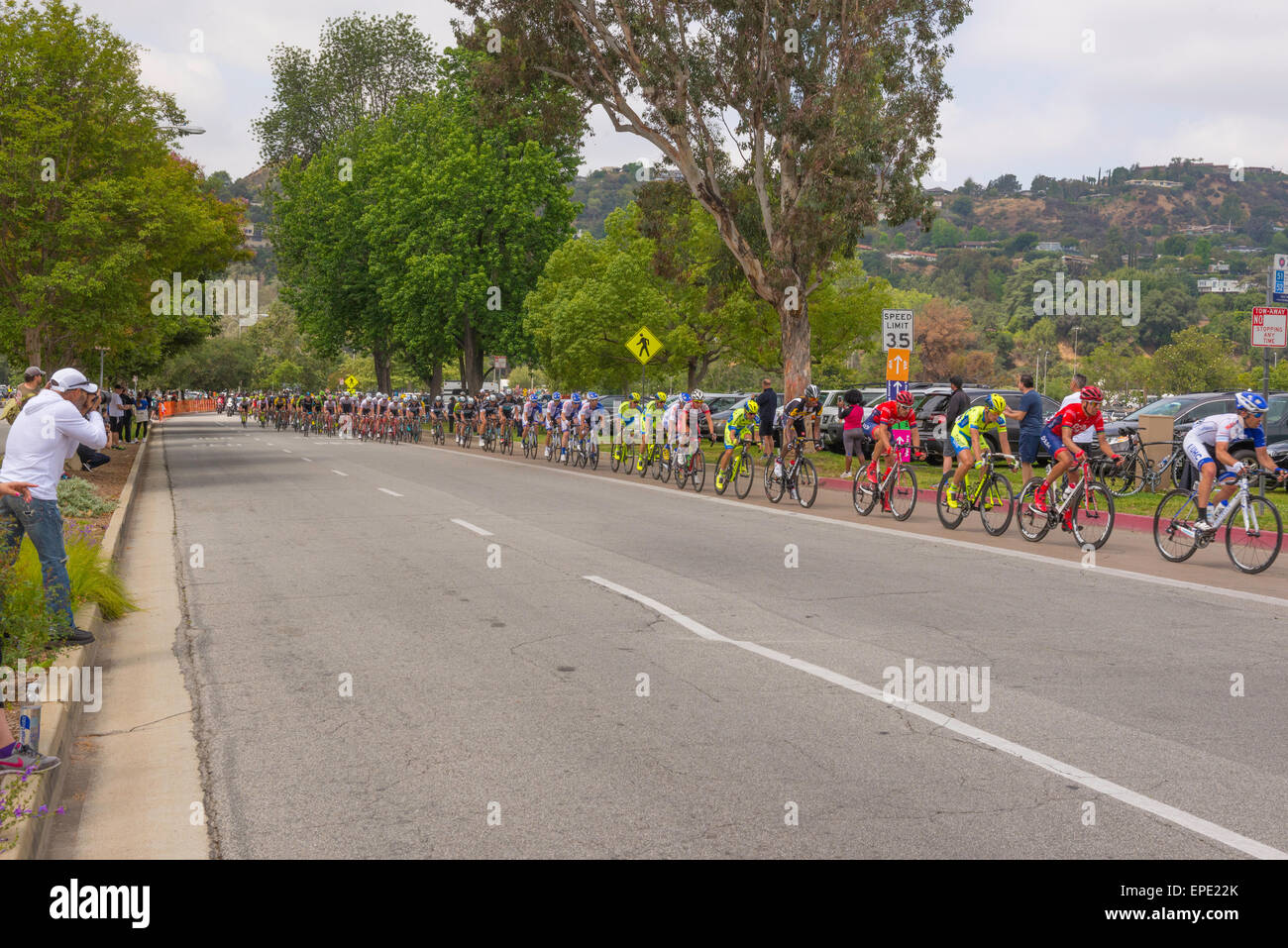 Pasadena, California, USA. 16th May, 2015. Bicycle riders that form the peloton on one of the seven loops of the  Rose Bowl in Pasadena, California on stage 8 of the Amgen Tour of California on May 17, 2015. Credit:  Robert Bush/Alamy Live News Stock Photo