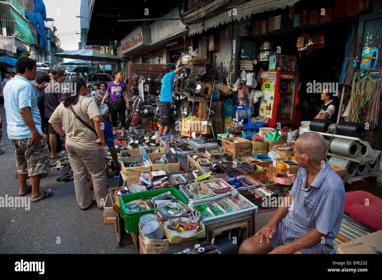 General merchandise market stall  in a side street in Chinatown Bangkok, Thailand . Stock Photo